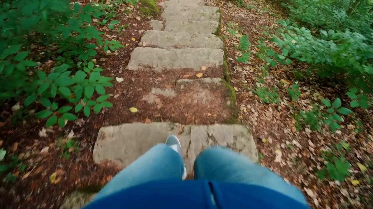 POV de senderismo bajando escalones de piedra en el bosque, jeans azules y zapatillas visibles, primer plano del movimiento del pie sobre losas cubiertas de musgo