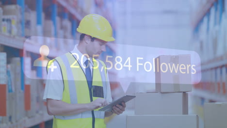 warehouse worker using tablet over animation showing 329,020 followers