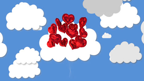 Animation-of-falling-hearts-emojis-over-clouds-on-blue-background