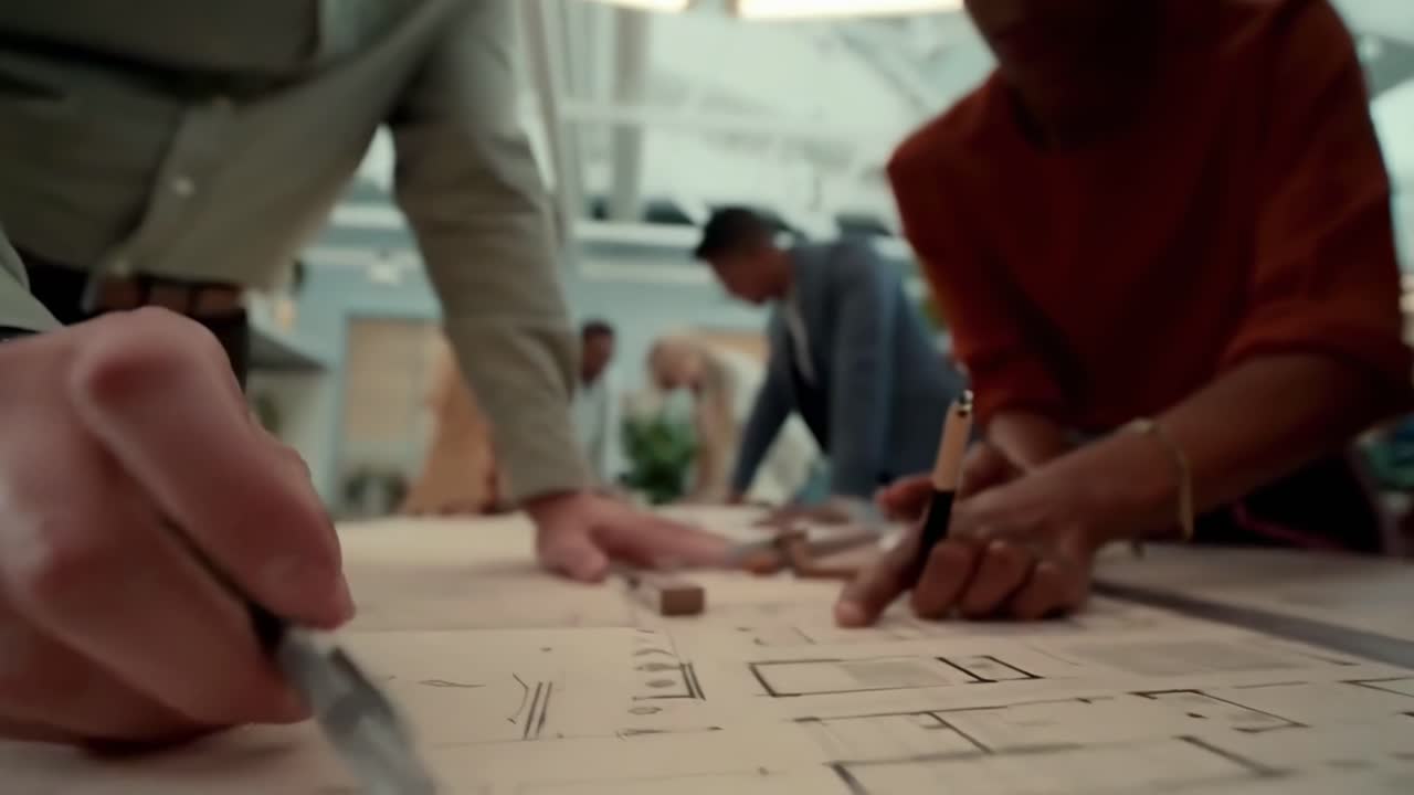 Close-up video of hands sketching architectural plans on a table, shot from a low angle
