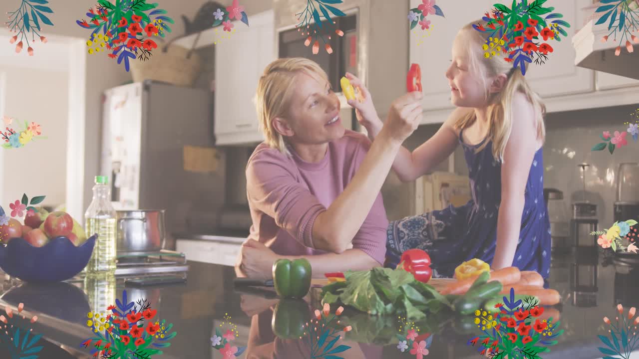 animación de flores sobre madre y hija caucásicas felices cocinando en casa