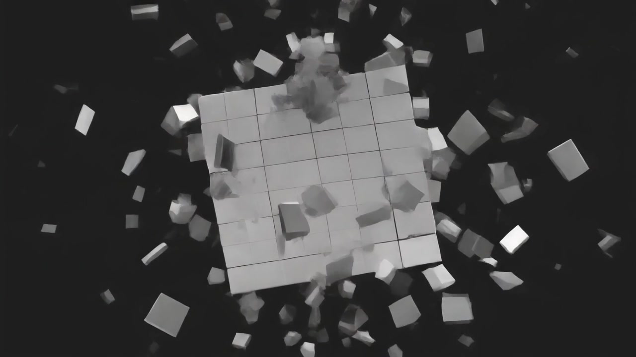 3D-animation af en hvid kube, der eksploderer i fragmenter