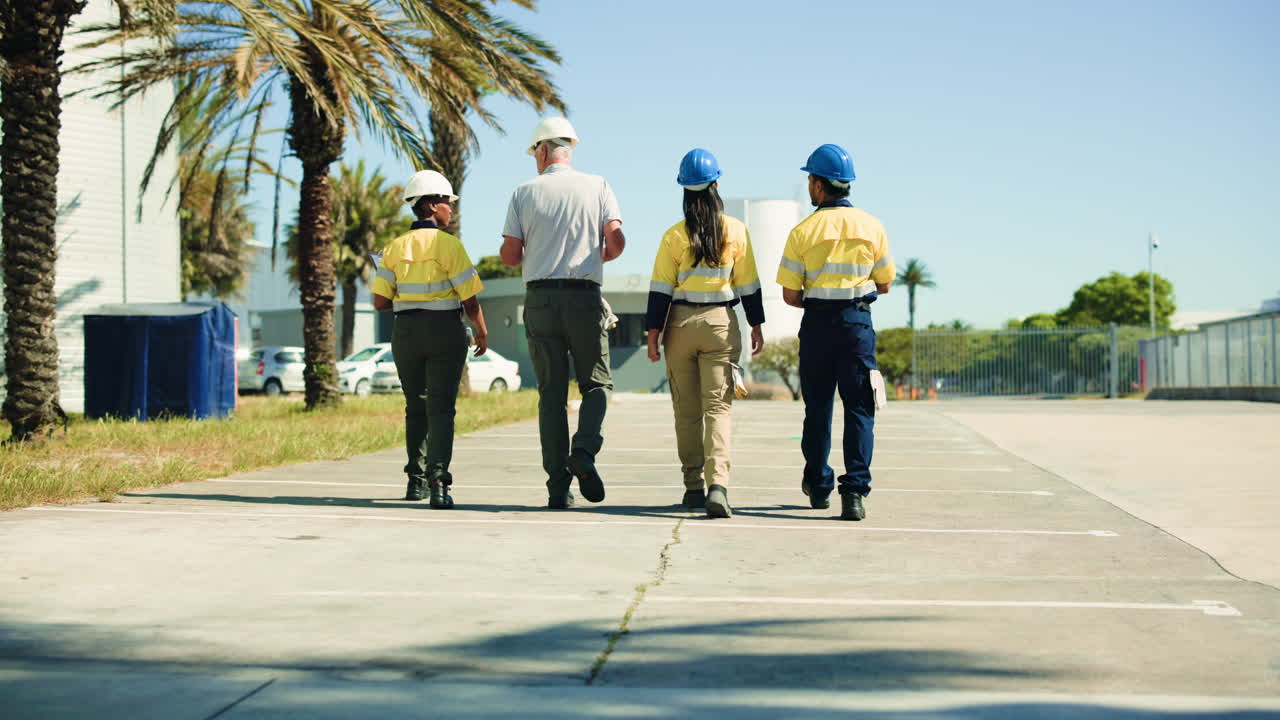 Team of Engineers in Hard Hats Walking Through an Industrial Facility