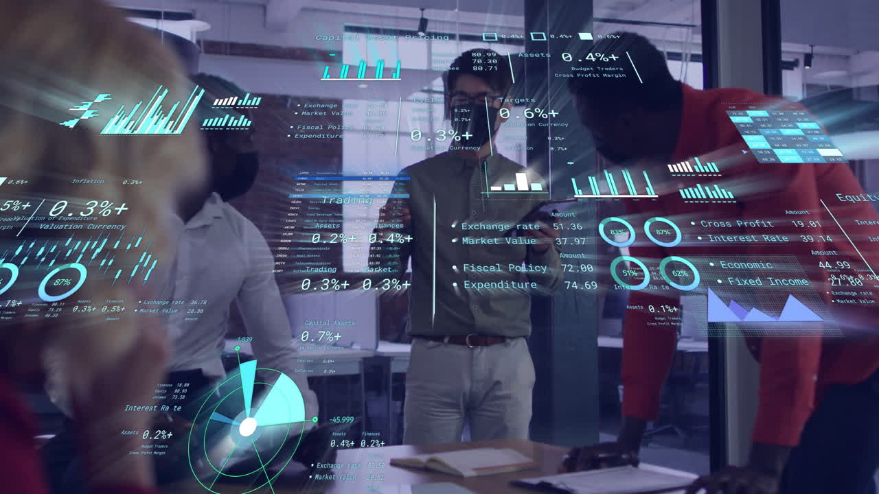 Animation of financial data processing over diverse business people in office