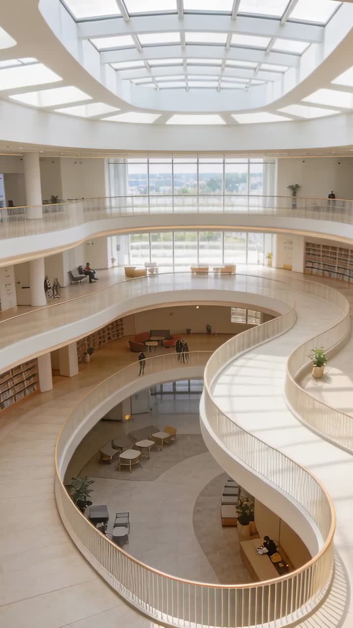 Gente caminando en una biblioteca moderna con una rampa única en forma de S