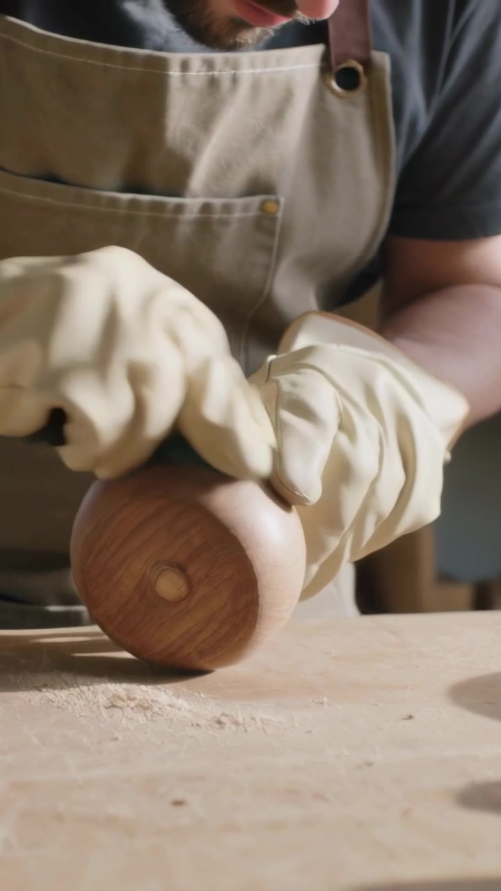 Verticaal video: Schurende houtbewerker in beige schort en handschoenen, draait gedraaid werkstuk met schuurpad aan werkbank
