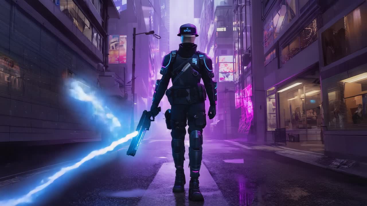 Cyberpunk Soldier in Futuristic Cityscape