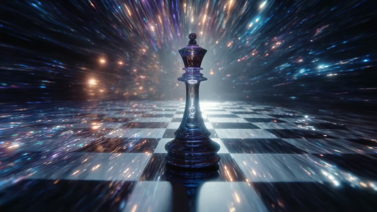 Majestic glass king chess piece standing on a reflective chessboard, surrounded by a swirling hyperspace vortex of colorful stars and bright lights, representing a concept of cosmic strategy