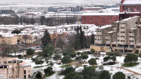 Ciudad-Cubierta-De-Nieve-De-Salamanca,-España.-Vista-Aérea