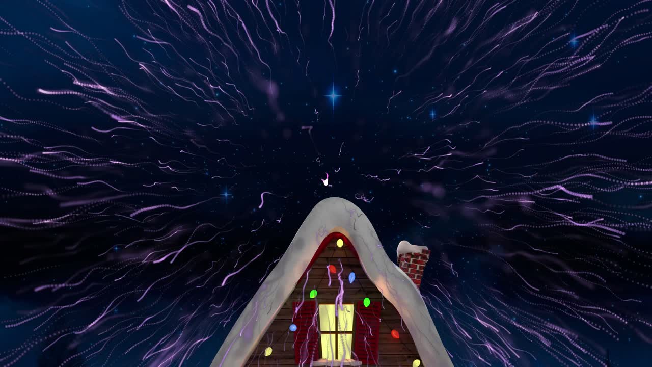 pista de luz púrpura estallando sobre la casa en el paisaje de invierno contra las estrellas azules brillantes