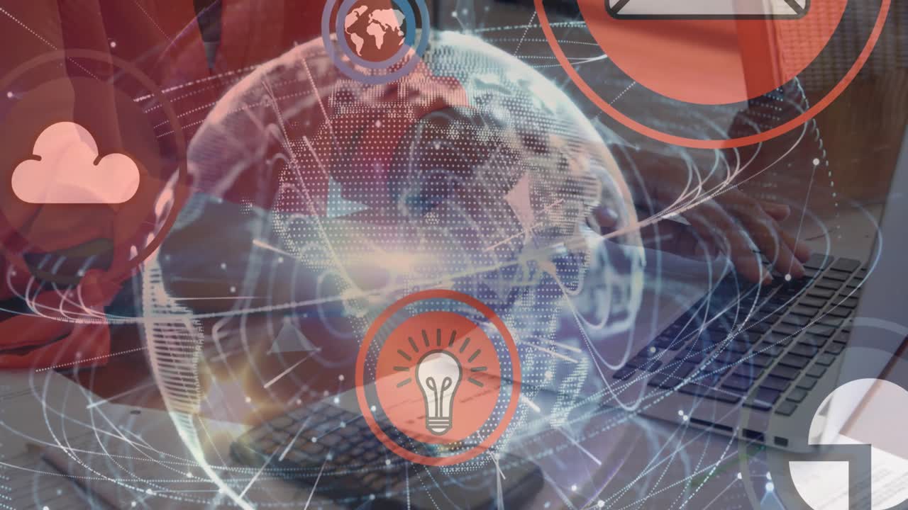 animación de iconos en círculos, globo terrestre, mano recortada de una mujer caucásica escribiendo en el teclado de una computadora portátil