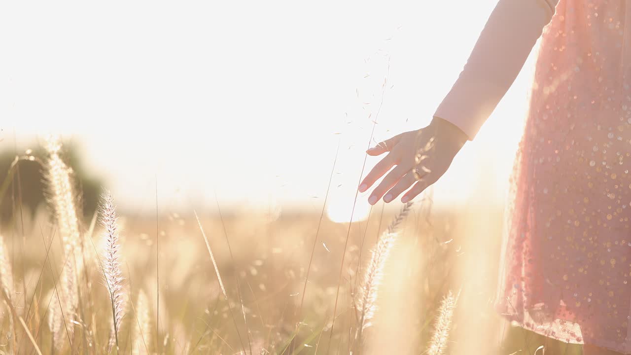 High key romantic: Bride's hand, wedding ring in ethereal wheat field