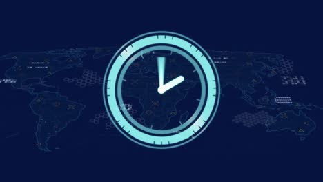 Animation-of-neon-ticking-clock-and-world-map-against-blue-background