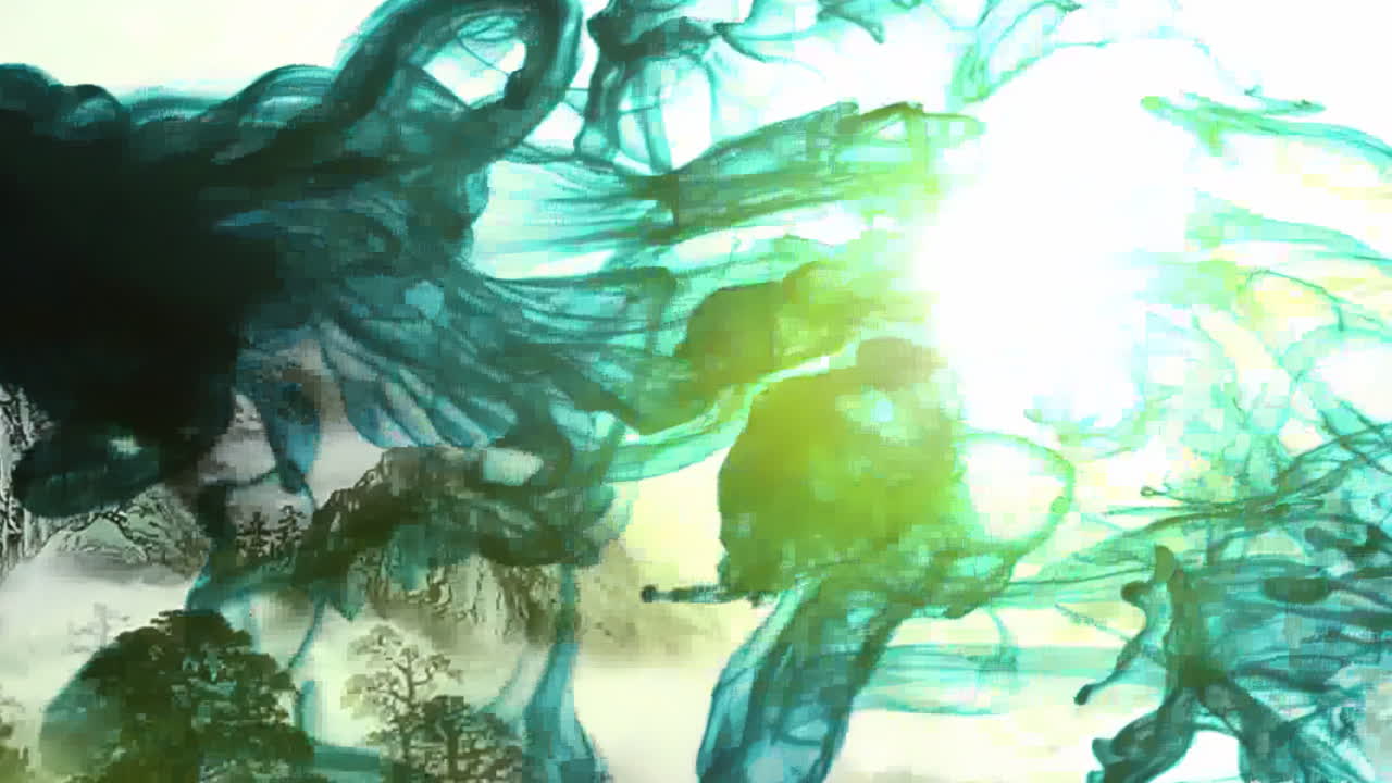 신비로운 풍경: 중국의 전통적인 동양 디지털 예술 애니메이션, 중국 레트로 페인팅 잉크, 꽃, 나무, 새, 흐린 배경의 강