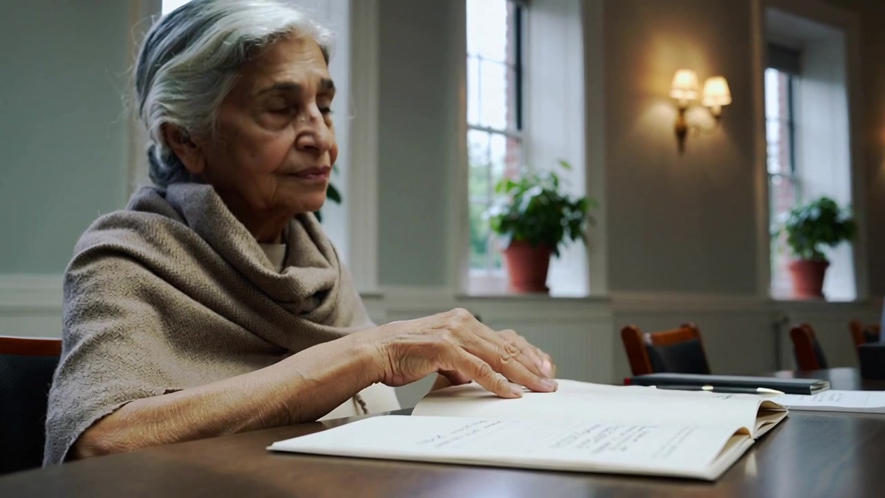 Donna anziana indiana con scialle che si protende, solleva una cartella e legge in biblioteca rivelando un appunto scritto