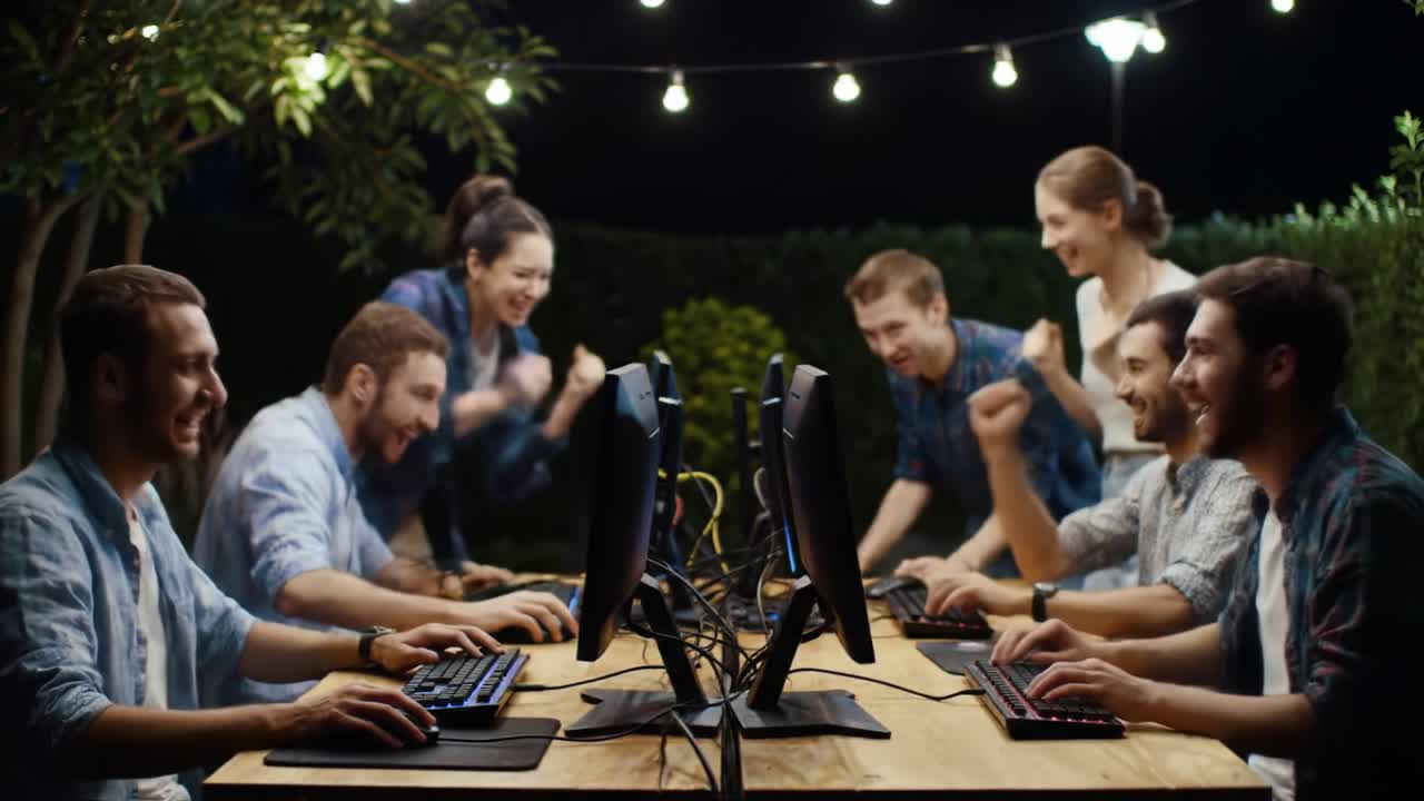 An Engaging Gaming Night: Friends Gather for Exciting Multiplayer Competitions Around Computers with Lively Reactions and Supportive Atmosphere