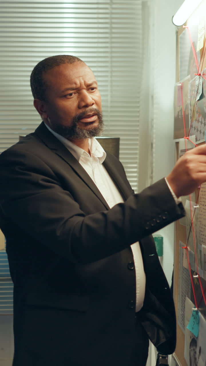 Serious Detective Man Analyzing Evidence on a Cork Board