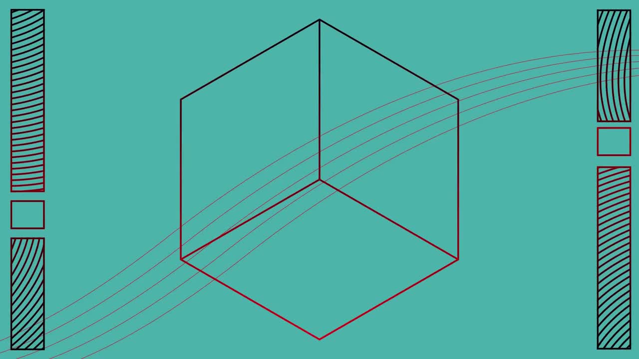 Digital animation of wavy lines and abstract shapes moving against cubical shape on green background