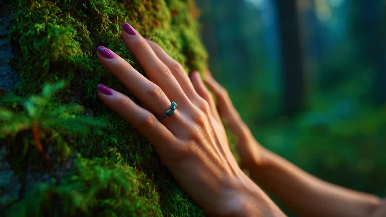 An Intimate Connection with Nature: A Close-Up Exploration of a Hand Touching a Lush Green Mossy Surface in a Serene Forest, Highlighting the Beauty of Natural Textures and Colors