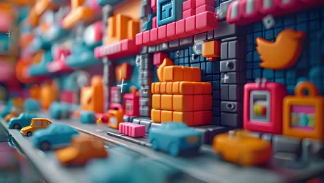 colorful miniature block cityscape with toy cars