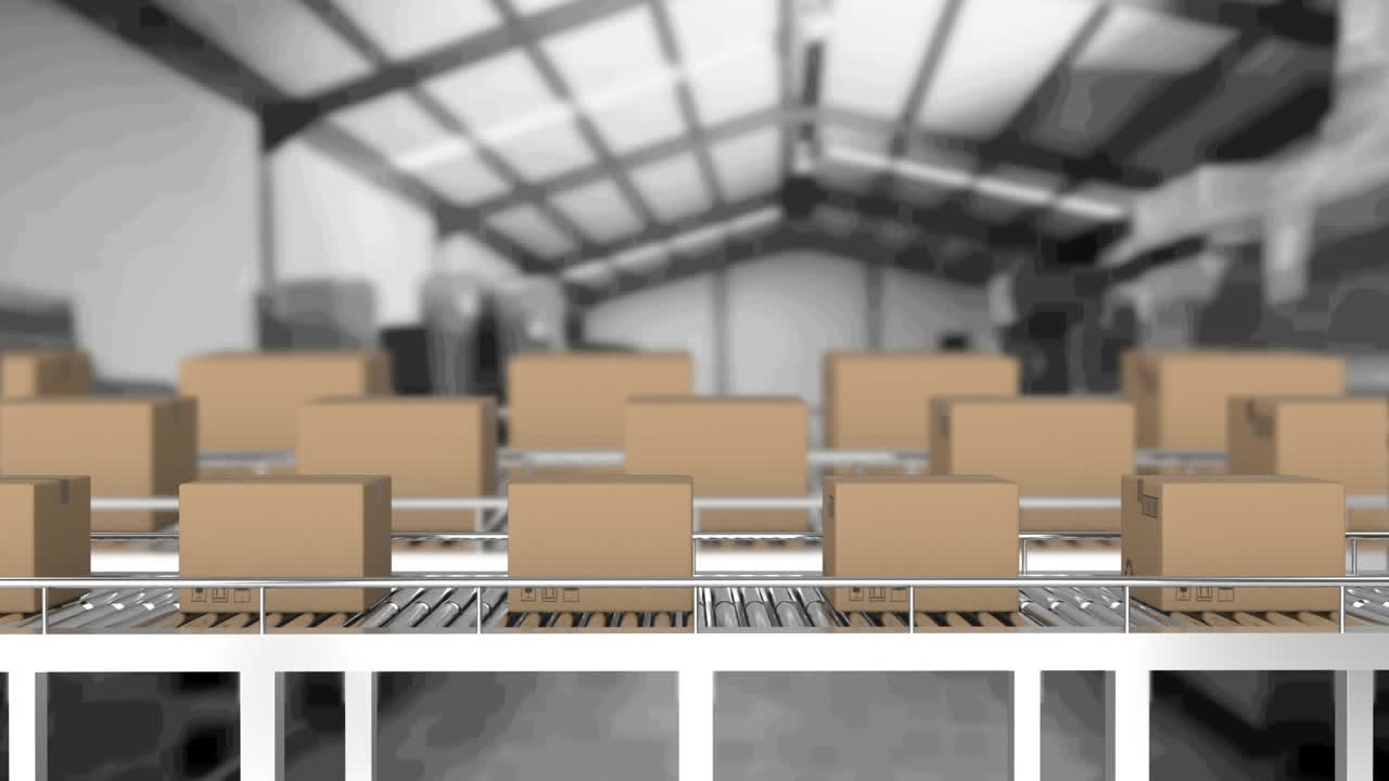 animación de cajas de cartón que se mueven en cintas transportadoras en el almacén