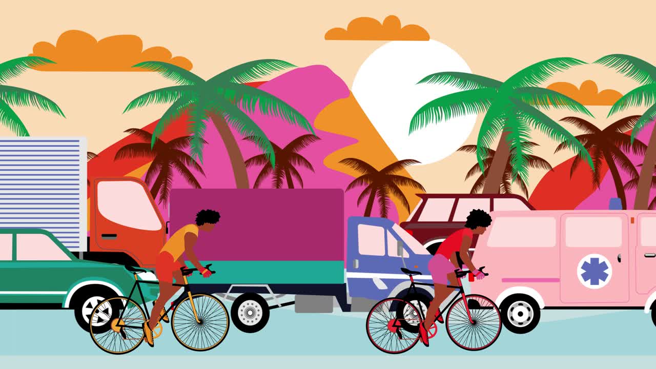 los ciclistas afroamericanos están montando bicicletas más allá del atasco de tráfico en la carretera de la playa con palmeras. animación de dibujos animados, diseño plano, bucle 4k