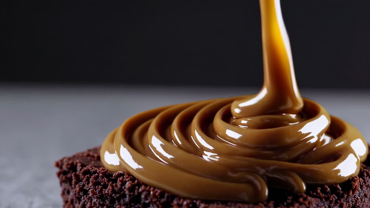 Caramello versato su un ricco brownie al cioccolato