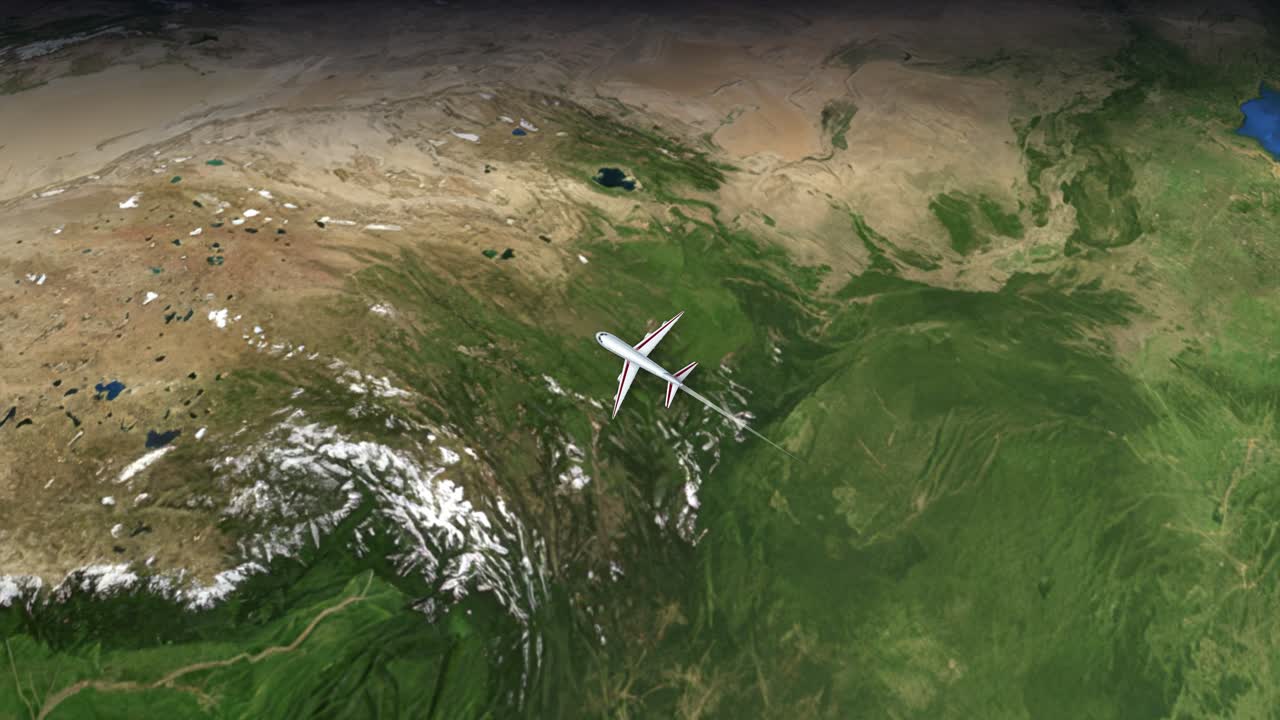 Satellitvy-animering följer ett kommersiellt flygplan som flyger från Guangzhou, Kina till Rom, Italien.
