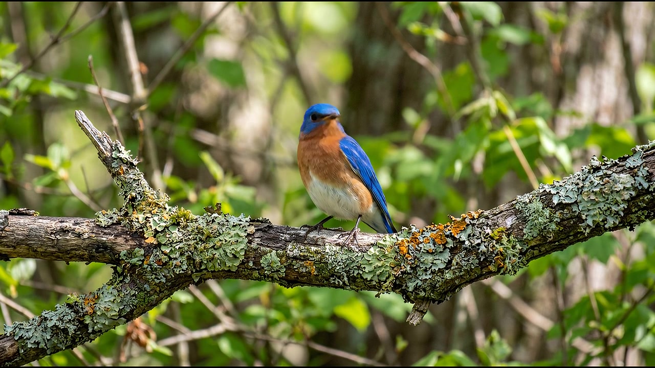 Uccello azzurro orientale appollaiato su un ramo d'albero in un bosco, filmato di fauna selvatica di uccelli generato da IA