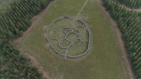 aerial view of ancient stone ruins in a grassy field