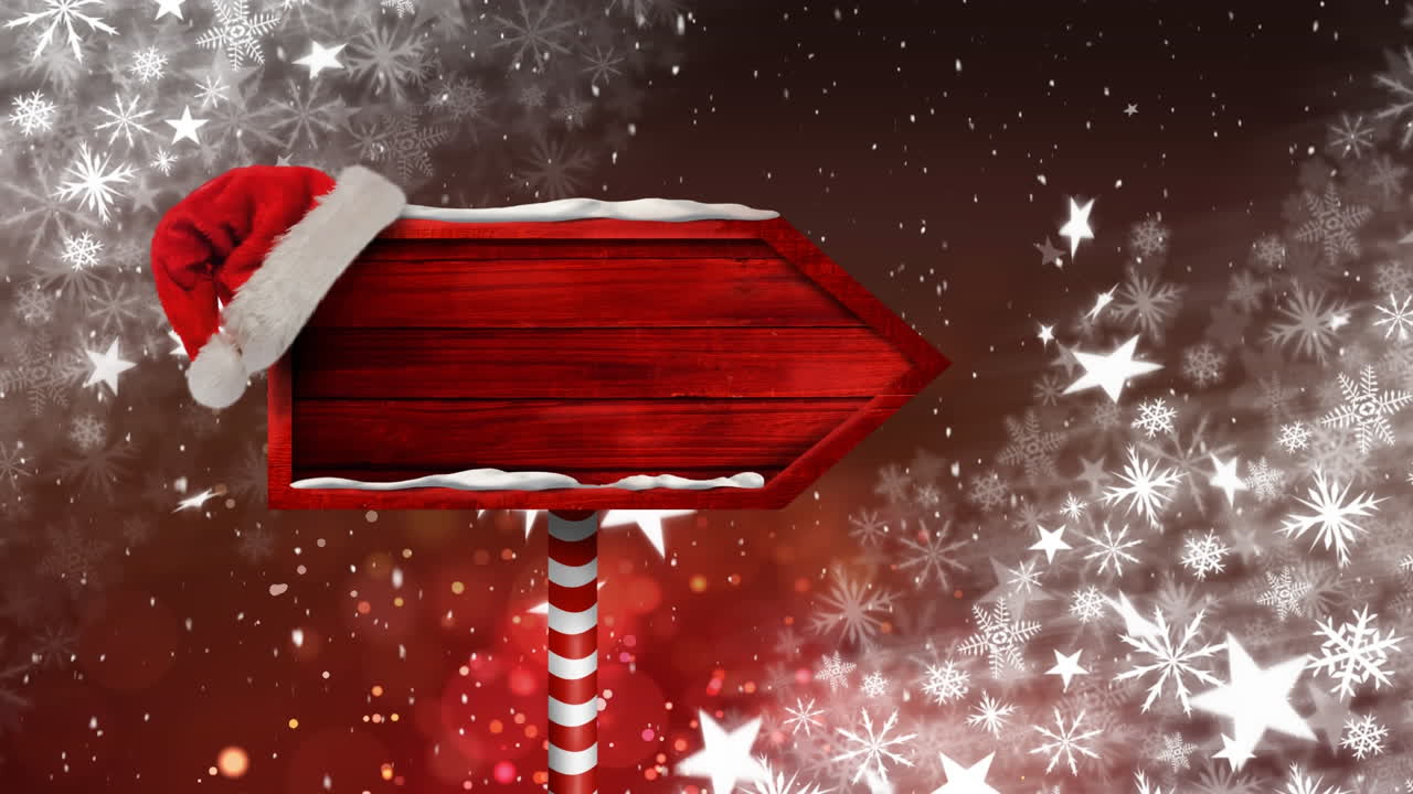 nieve cayendo y cartel de madera