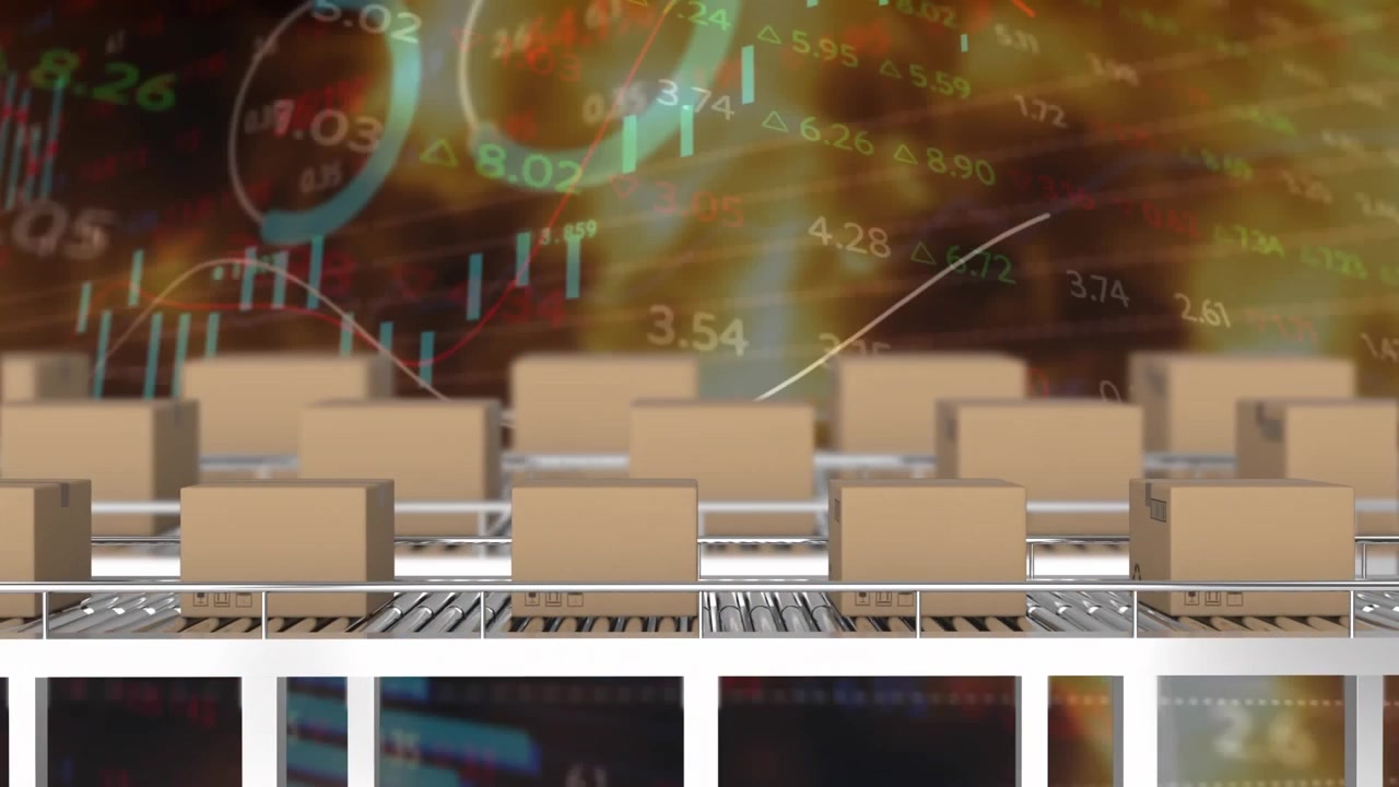 Animation of delivery boxes on conveyer belt against stock market data processing