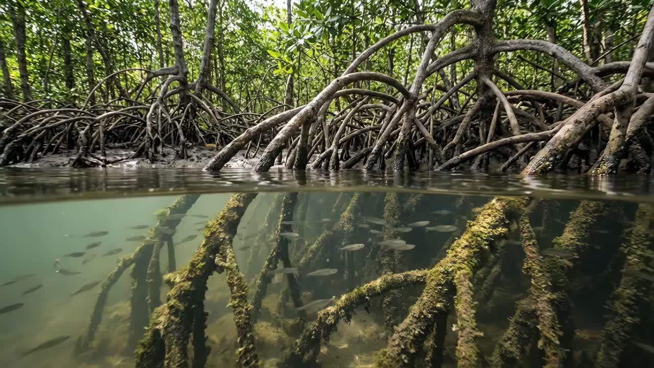 Undervattensvy av mangroveträdsrötter och fiskstim