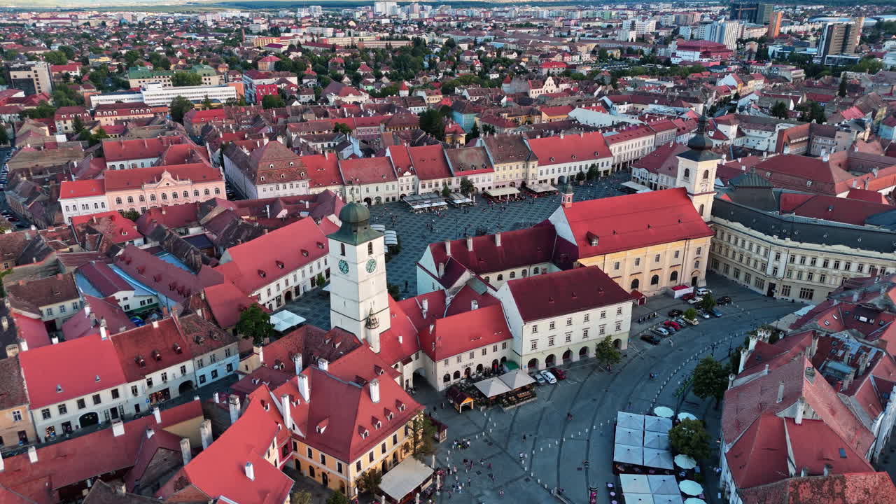 Aerial view of Sibiu historic center with red rooftops and classic architecture