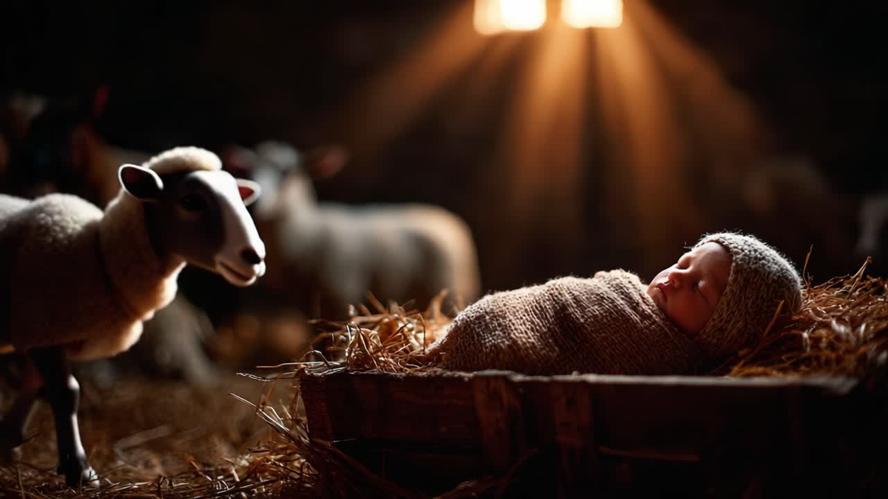 A Serene Baby Peacefully Sleeps Amongst Sheep in a Gentle Barn Setting, Illuminated by Soft Rays of Light Filtering Through the Window