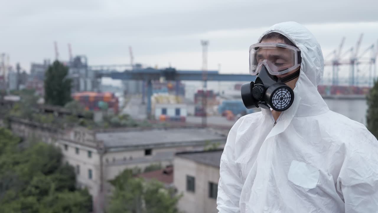 Man in protection suit standing on the roof with industrial view on background