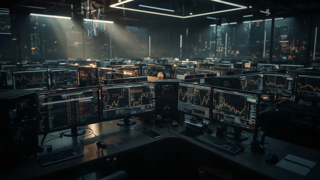 Trading Floor with Stock Market Data and Computer Screens
