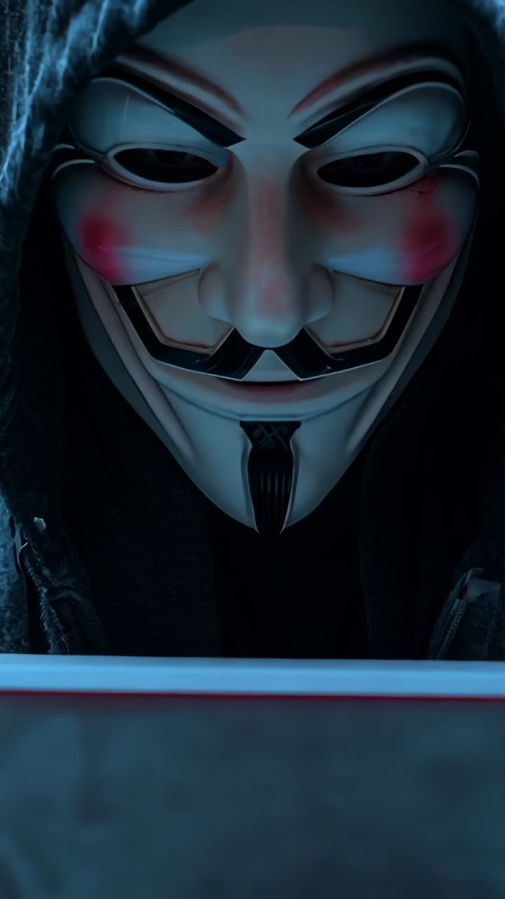 A man wearing a black hoodie and a fake beard is sitting in front of a laptop. He is typing on the laptop and he is focused on his work. The image has a dark and mysterious mood, with the red lighting