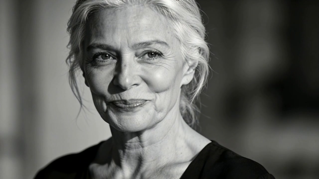Smiling senior woman shifting neutral into gentle smile in studio, prompted by camera, dark V-neck