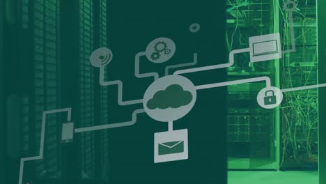 animación de redes de conexiones a través de luces verdes de servidores de computadoras
