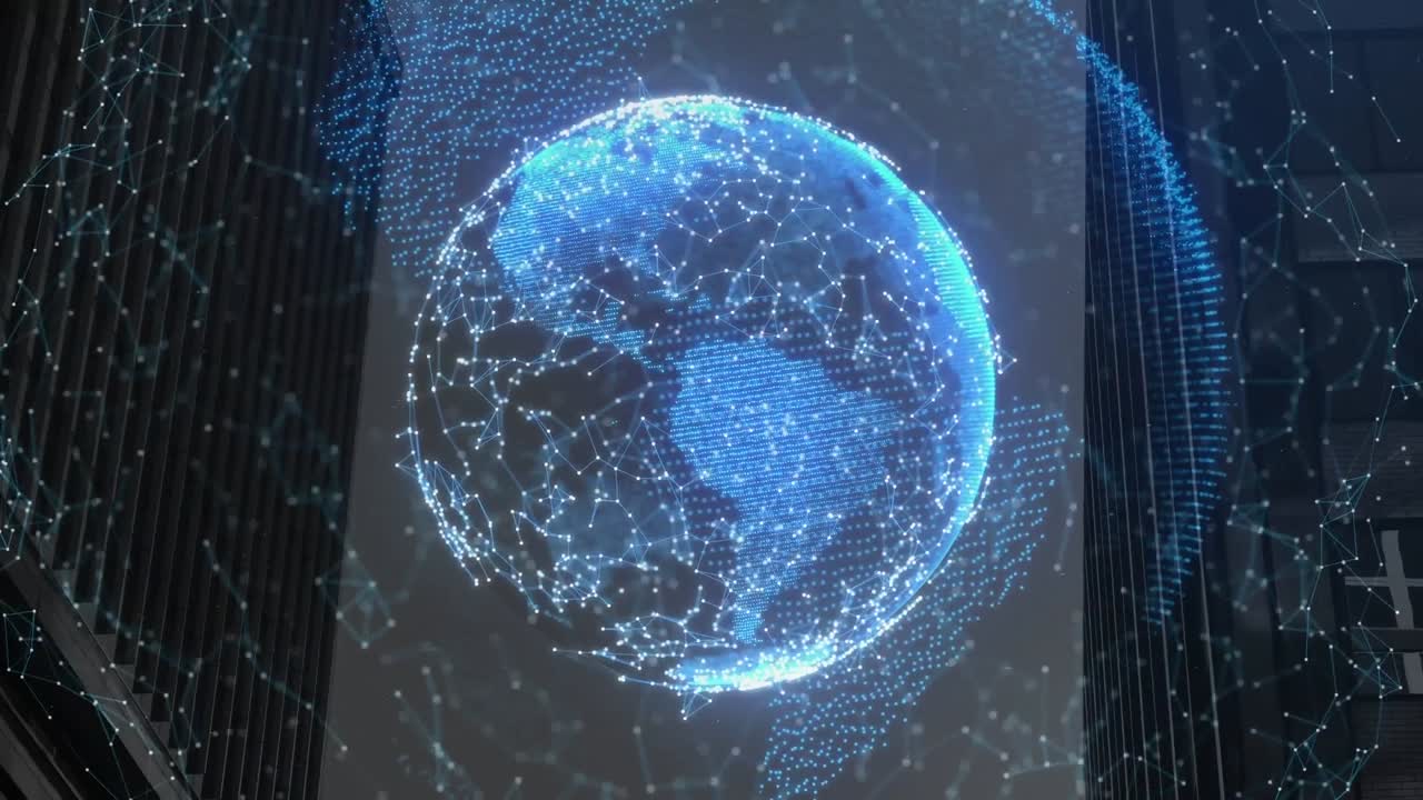 현대적인 건물 위의 연결 네트워크와 함께 반 ⁇ 이는 지구의 애니메이션