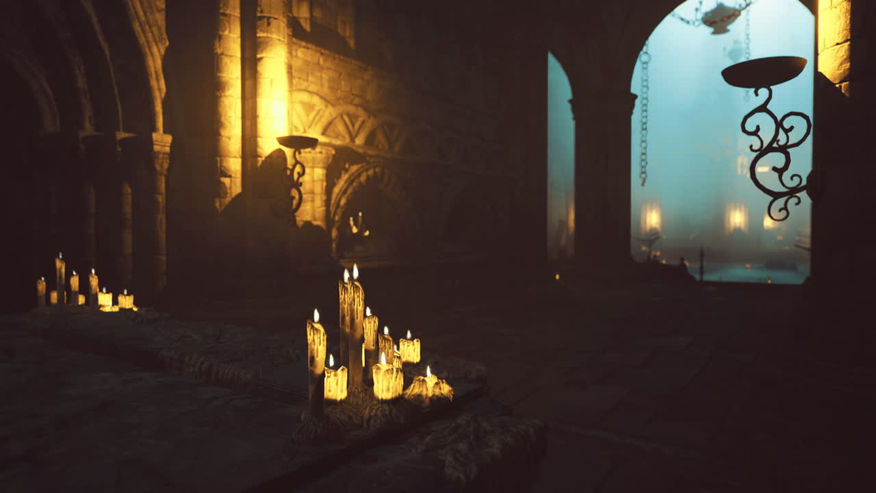 Mysterious underground chamber illuminated by flickering candlelight