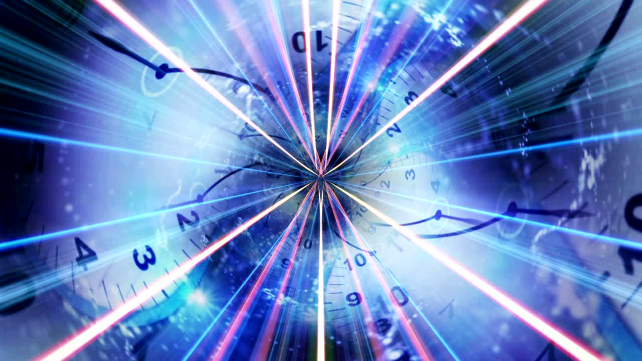 Clocks Tunnel and Fibers, Time Travel Concept Animation, Rendering, Background, Loop