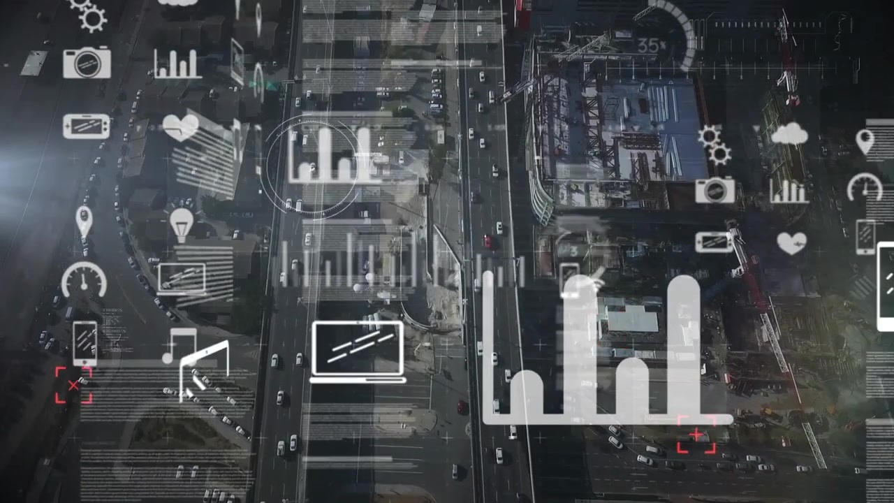 Animation of statistics and data processing over cityscape