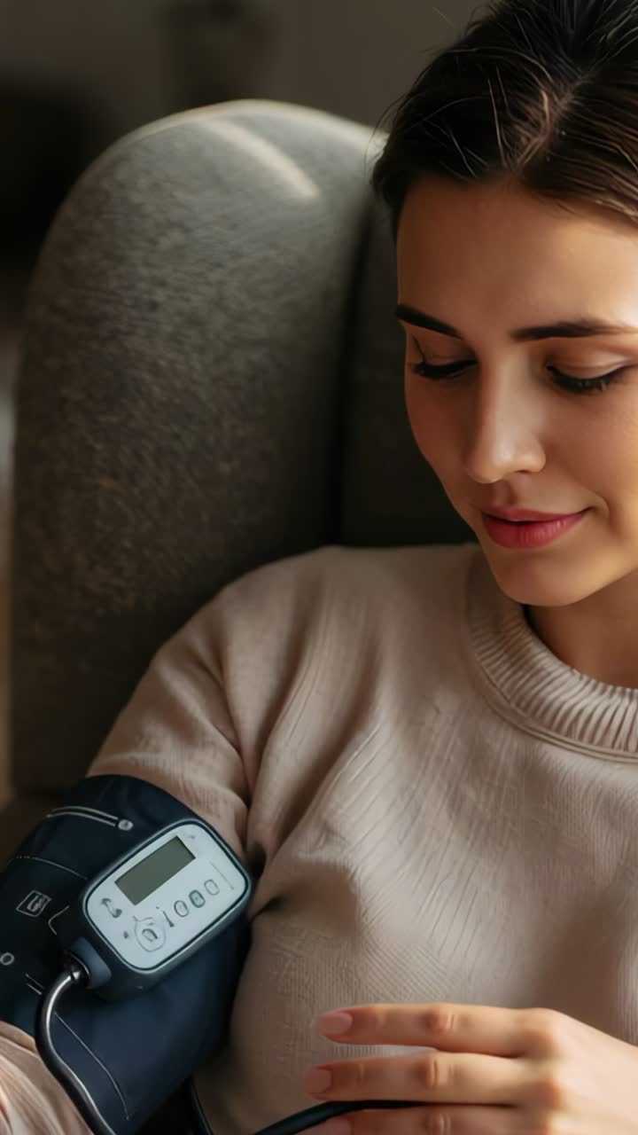 Vertical video: Inflating cuff causing patient adjusting and monitoring BP at home, copy space
