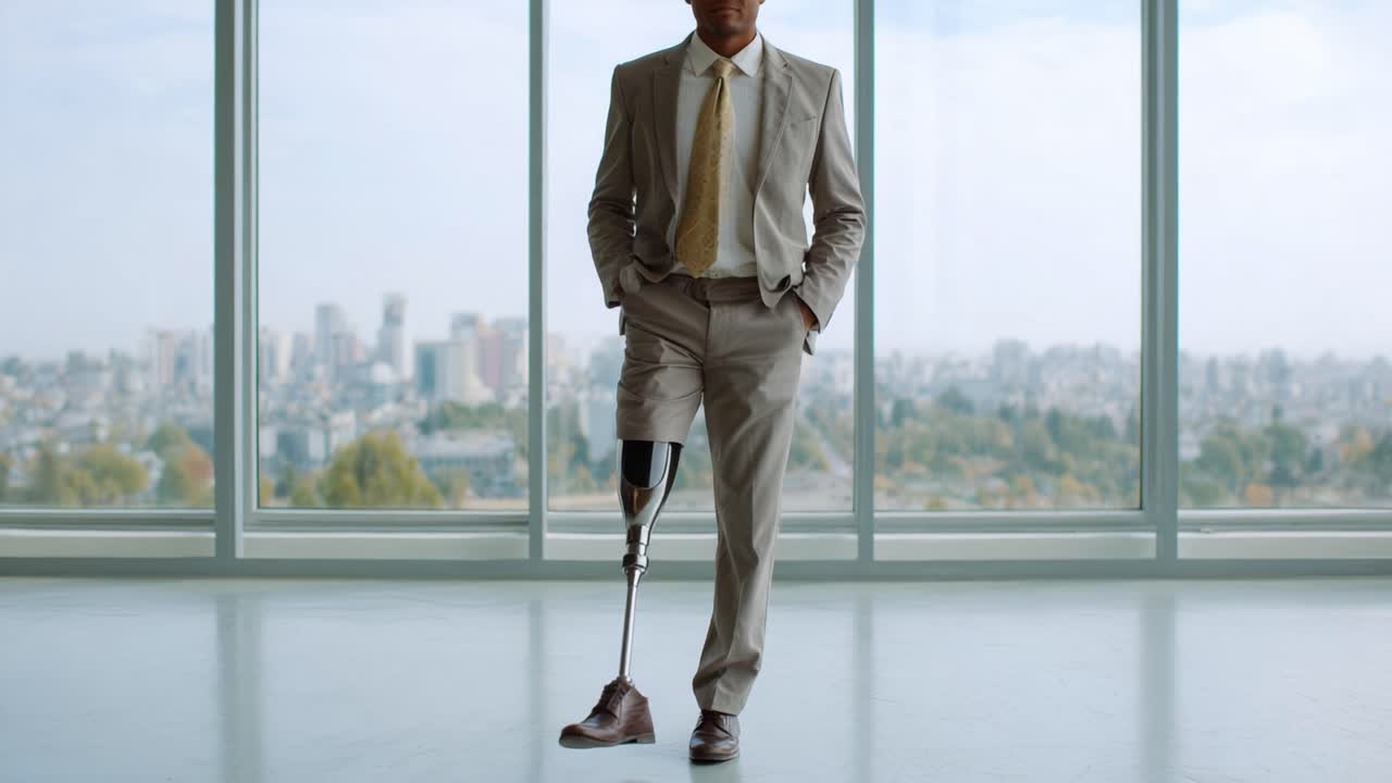 Confident Figure Walking Gracefully With Prosthetic Limb in Modern Office Environment, Showcasing Strength and Resilience Against an Urban Backdrop