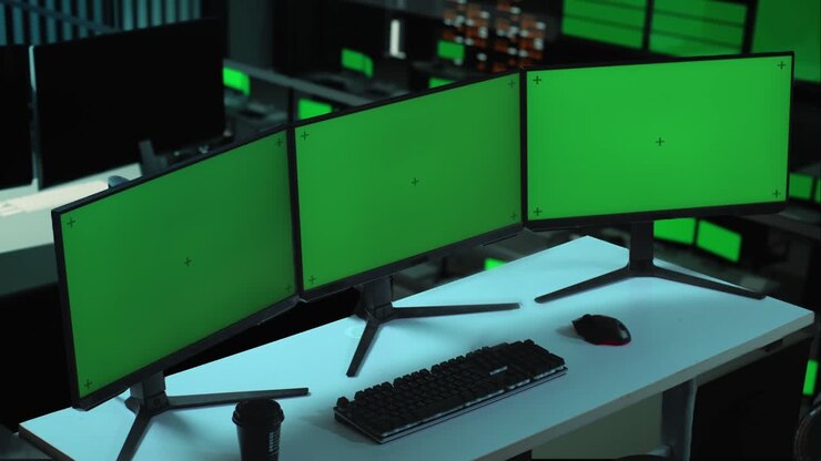 Mock-up af flere computerskærme med grøn skærm på kontoret