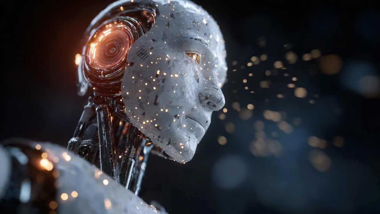 A Glimpse into the Future: The Evolution of Artificial Intelligence Captured in Stunning Detail of a Robotic Entity with Intricate Features and Radiating Particles
