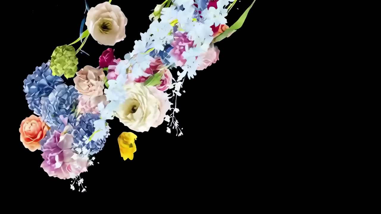 Luftfoto av fargerike blomster på svart bakgrunn, perfekt for en floral videointro