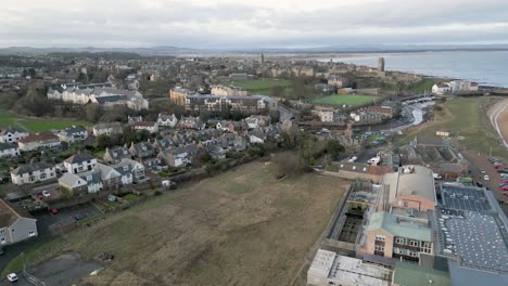 aerial drone footage of st andrews, scotland, panning out from town